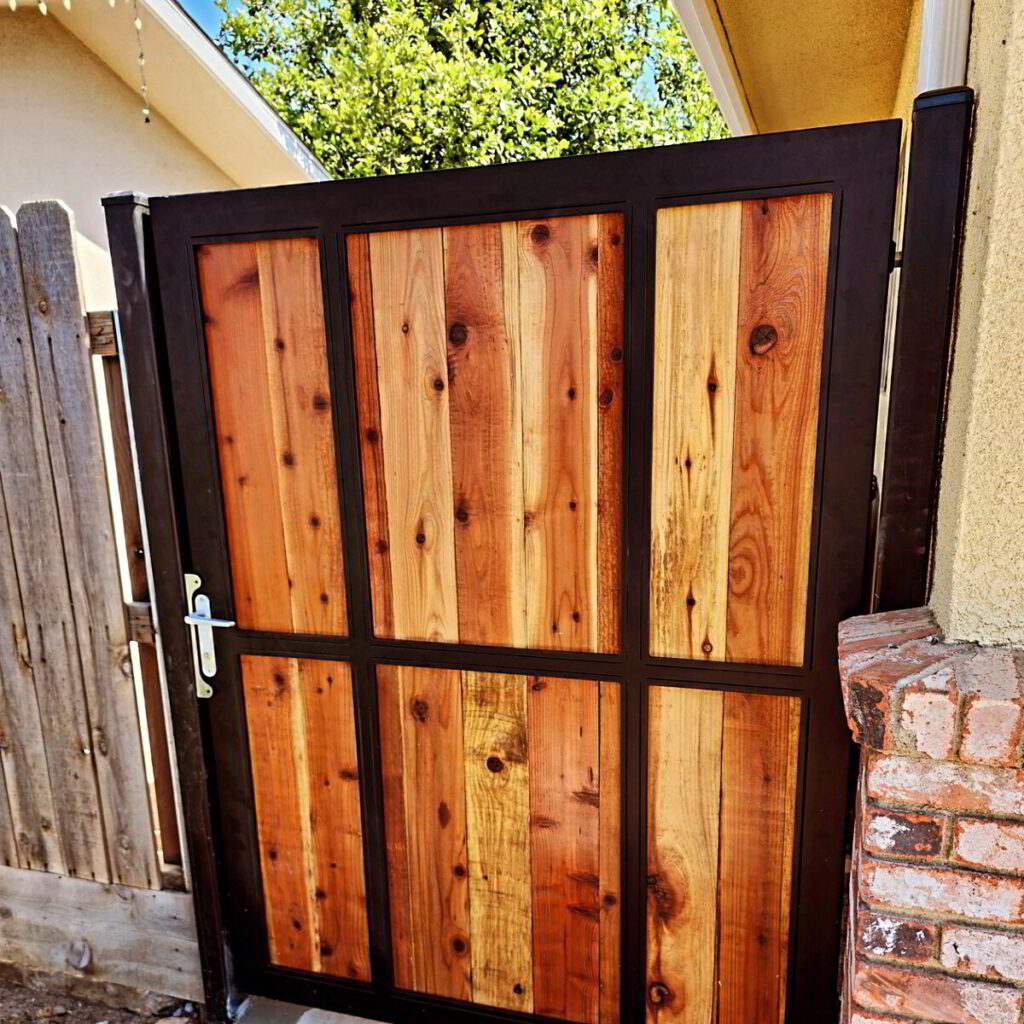 Redwood and steel fence gate