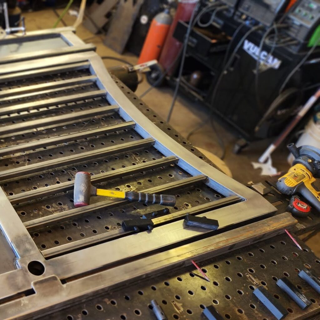 Steel stair stringers being fabricated in the shop
