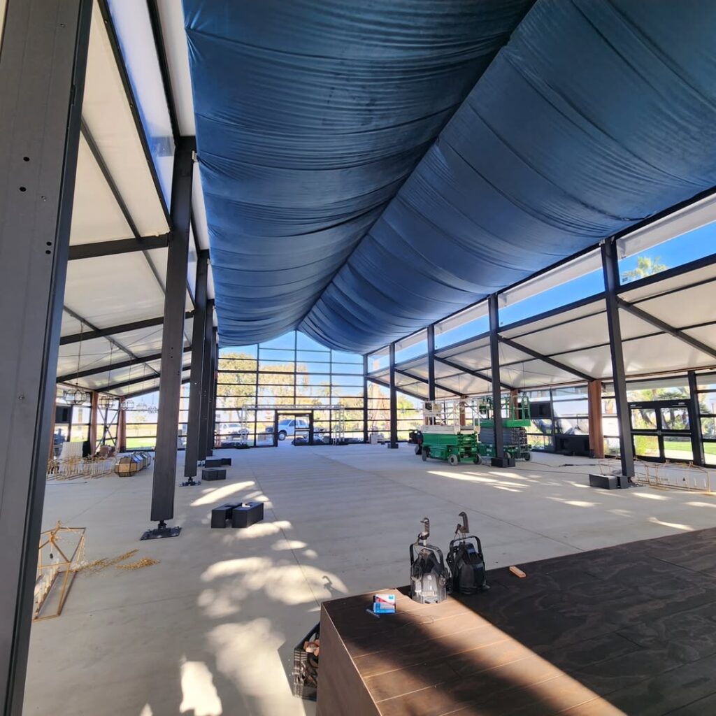 Structural steel framing inside a commercial building