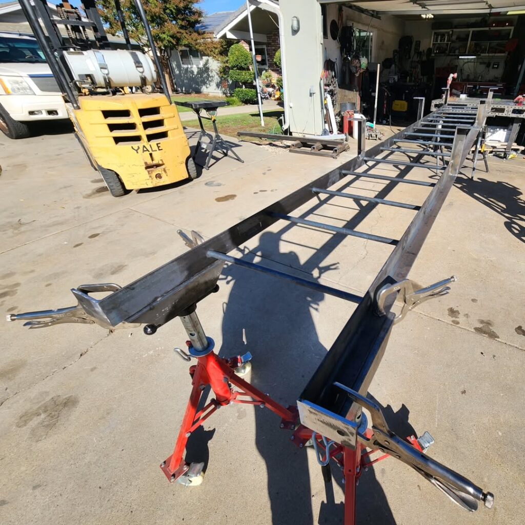 Trailer frame under construction in the yard