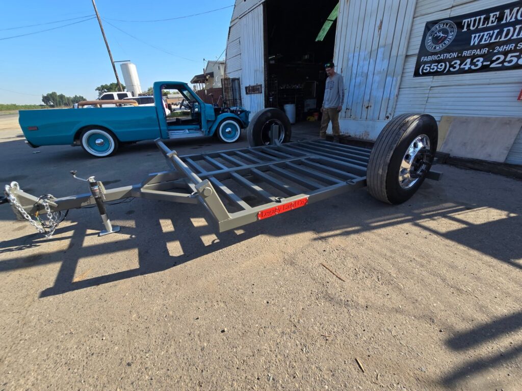 Custom built trailer outside the Tule Welding shop
